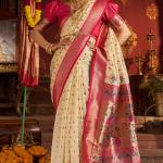 Rhapsody Beige Organza Paithani Silk Saree With Enchanting Blouse Piece