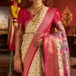 Rhapsody Beige Organza Paithani Silk Saree With Enchanting Blouse Piece