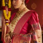 Rhapsody Beige Organza Paithani Silk Saree With Enchanting Blouse Piece