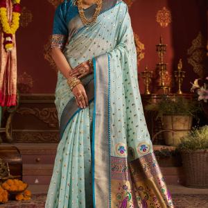 Invaluable Sky Organza Paithani Silk Saree With Chatoyant Blouse Piece