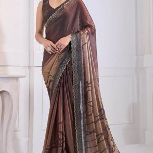 Snazzy Brown Jarkan Work Fandy Silk Saree