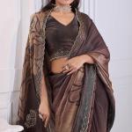 Snazzy Brown Jarkan Work Fandy Silk Saree