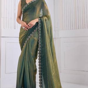 Stylish Green Jarkan Work Fandy Silk Saree