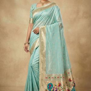 Vibrant Sky Paithani Silk Saree With Verdant Blouse Piece