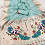 Vibrant Sky Paithani Silk Saree With Verdant Blouse Piece
