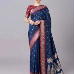 Staggering Navy Blue Pure Zari Weaving Banarasi Silk Saree With Cynosure Blouse Piece