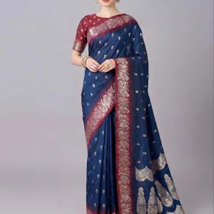 Staggering Navy Blue Pure Zari Weaving Banarasi Silk Saree With Cynosure Blouse Piece