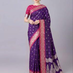 Luxuriant Purple Pure Zari Weaving Banarasi Silk Saree With Wonderful Blouse Piece