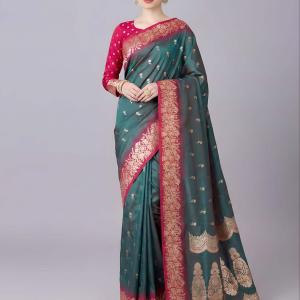 Nemesis Rama Pure Zari Weaving Banarasi Silk Saree With Desuetude Blouse Piece