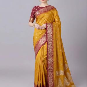 Flamboyant Yellow Pure Zari Weaving Banarasi Silk Saree With Seraphic Blouse Piece