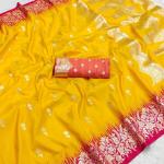 Flamboyant Yellow Pure Zari Weaving Banarasi Silk Saree With Seraphic Blouse Piece