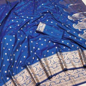 Petrichor Blue Soft Banarasi Silk Saree With Glorious Blouse Piece