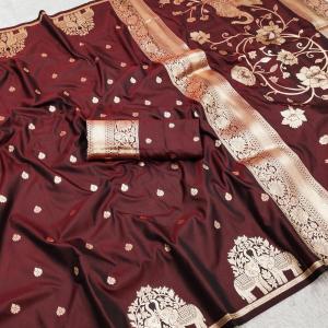 Grandiose Brown Pure Zari Weaving Banarasi Silk Saree With Piquant Blouse Piece