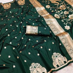 Winsome Dark Green Pure Zari Weaving Banarasi Silk Saree With Alluring Blouse Piece
