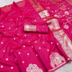 Skinny Dark Pink Pure Zari Weaving Banarasi Silk Saree With Sensational Blouse Piece