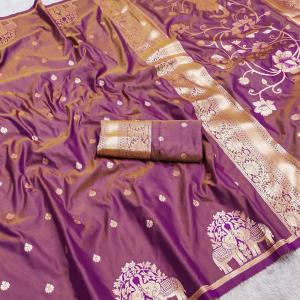 Intricate Lavender Pure Zari Weaving Banarasi Silk Saree With Imaginative Blouse Piece