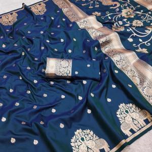 Inimitable Navy Blue Pure Zari Weaving Banarasi Silk Saree With Stunner Blouse Piece