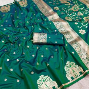 Panoply Sea Green Pure Zari Weaving Banarasi Silk Saree With Pleasurable Blouse Piece