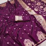 Enticing Wine Pure Zari Weaving Banarasi Silk Saree With Engaging Blouse Piece