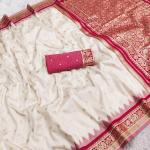 Twirling Off White Pure Banarasi Silk Saree With Beleaguer Blouse Piece