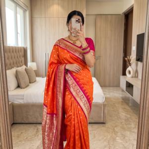 Ravishing Orange Pure Banarasi Silk Saree With Desiring Blouse Piece