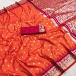 Ravishing Orange Pure Banarasi Silk Saree With Desiring Blouse Piece