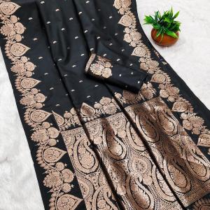 Felicitous Black Soft Banarasi Silk Saree With Ethnic Blouse Piece