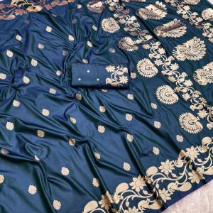 Mesmerising Blue Pure Zari Weaving Banarasi Silk Saree With Appealing Blouse Piece