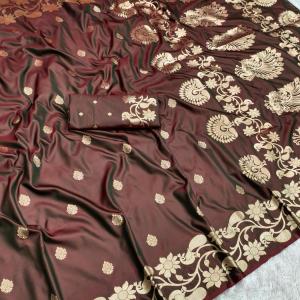 Lissome Brown Pure Zari Weaving Banarasi Silk Saree With Hypnotic Blouse Piece