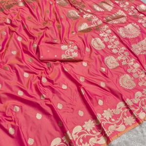 Smashing Pink Pure Zari Weaving Banarasi Silk Saree With Magnetic Blouse Piece