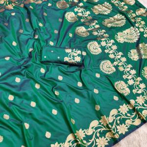 Majesty Sea Green Pure Zari Weaving Banarasi Silk Saree With Pretty Blouse Piece