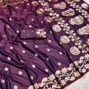 Transcendent Wine Pure Zari Weaving Banarasi Silk Saree With Scintilla Blouse Piece