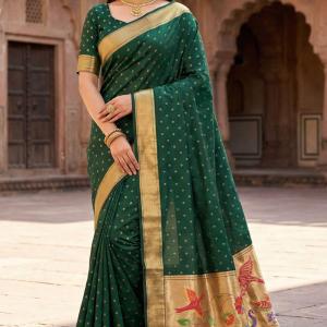 Ineffable Dark Green Organza Paithani Silk Saree With Tremendous Blouse Piece