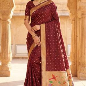 Pleasant Maroon Organza Paithani Silk Saree With Tantalizing Blouse Piece