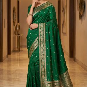 Ethereal Dark Green Pure Zari Weaving Banarasi Silk Saree With Artistic Blouse Piece