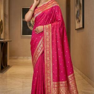 Susurrous Dark Pink Pure Zari Weaving Banarasi Silk Saree With Glamorous Blouse Piece