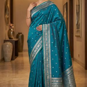 Lustrous Firozi Pure Zari Weaving Banarasi Silk Saree With Beguiling Blouse Piece