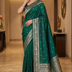Dulcet Rama Pure Zari Weaving Banarasi Silk Saree With Splendorous Blouse Piece