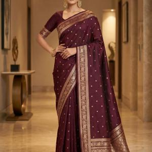 Flattering Wine Pure Zari Weaving Banarasi Silk Saree With Groovy Blouse Piece