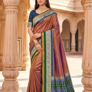 Luminous Brown Pure Zari Weaving Banarasi Silk Saree With Serendipity Blouse Piece