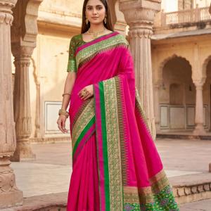 Zephyr Dark Pink Pure Zari Weaving Banarasi Silk Saree With Impressive Blouse Piece