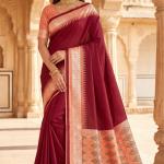 Scintilla Maroon Pure Zari Weaving Banarasi Silk Saree With Gossamer Blouse Piece