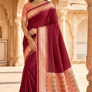Scintilla Maroon Pure Zari Weaving Banarasi Silk Saree With Gossamer Blouse Piece
