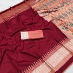 Scintilla Maroon Pure Zari Weaving Banarasi Silk Saree With Gossamer Blouse Piece