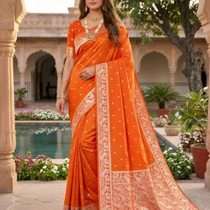 Nebula Orange Pure Banarasi Silk Saree With Sensational Blouse Piece