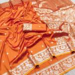 Nebula Orange Pure Banarasi Silk Saree With Sensational Blouse Piece