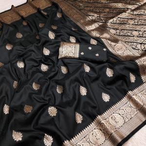 Entrancing Black Soft Banarasi Silk Saree With Stunner Blouse Piece