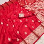 Rhapsody Red Soft Banarasi Silk Saree With Artistic Blouse Piece
