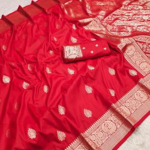 Rhapsody Red Soft Banarasi Silk Saree With Artistic Blouse Piece
