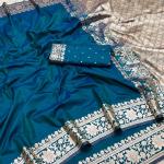 Engaging Blue Pure Zari Weaving Banarasi Silk Saree With Twirling Blouse Piece